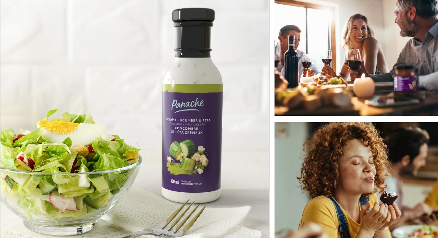 A Panache creamy cucumber and feta dressing bottle beside a salad, with friends at a dinner table and a woman tasting a dish