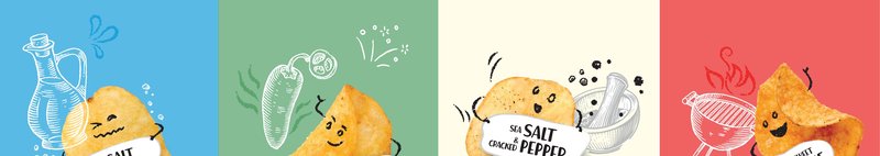 Four Party of 4 flavour tiles: sea salt & vinegar, jalapeno, sea salt cracked pepper and barbecue chip characters on blue, green, cream and red