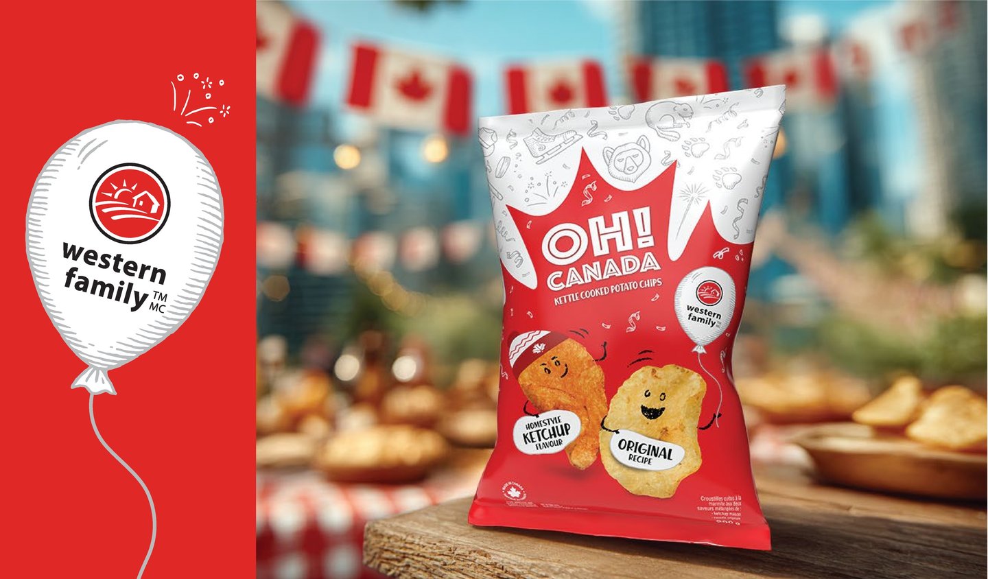 A Western Family balloon on red, beside an Oh! Canada chip bag at a picnic table under Canadian flags