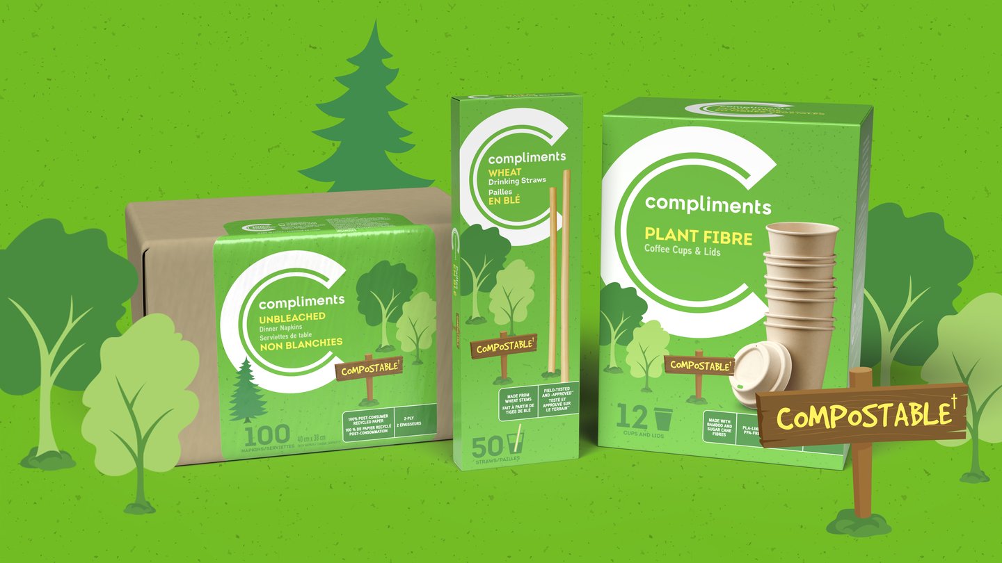 Compliments compostable unbleached paper plates, wheat drinking straws and plant fibre coffee cups in front of an illustrated green forest