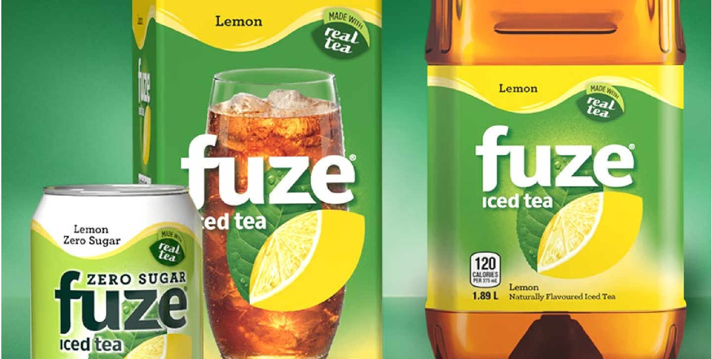 Fuze Lemon iced tea bottle, carton, Zero Sugar can and a full glass, each pack carrying the 'Made with real tea' flash