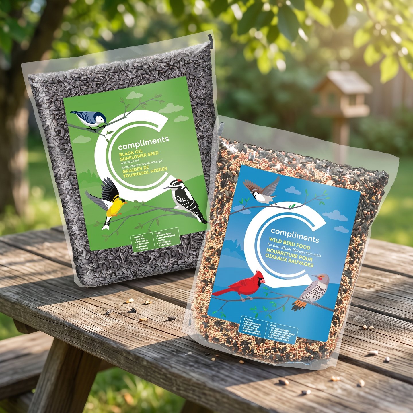 Compliments black oil sunflower seed and wild bird food bags, illustrated with birds, on a picnic table by a lake