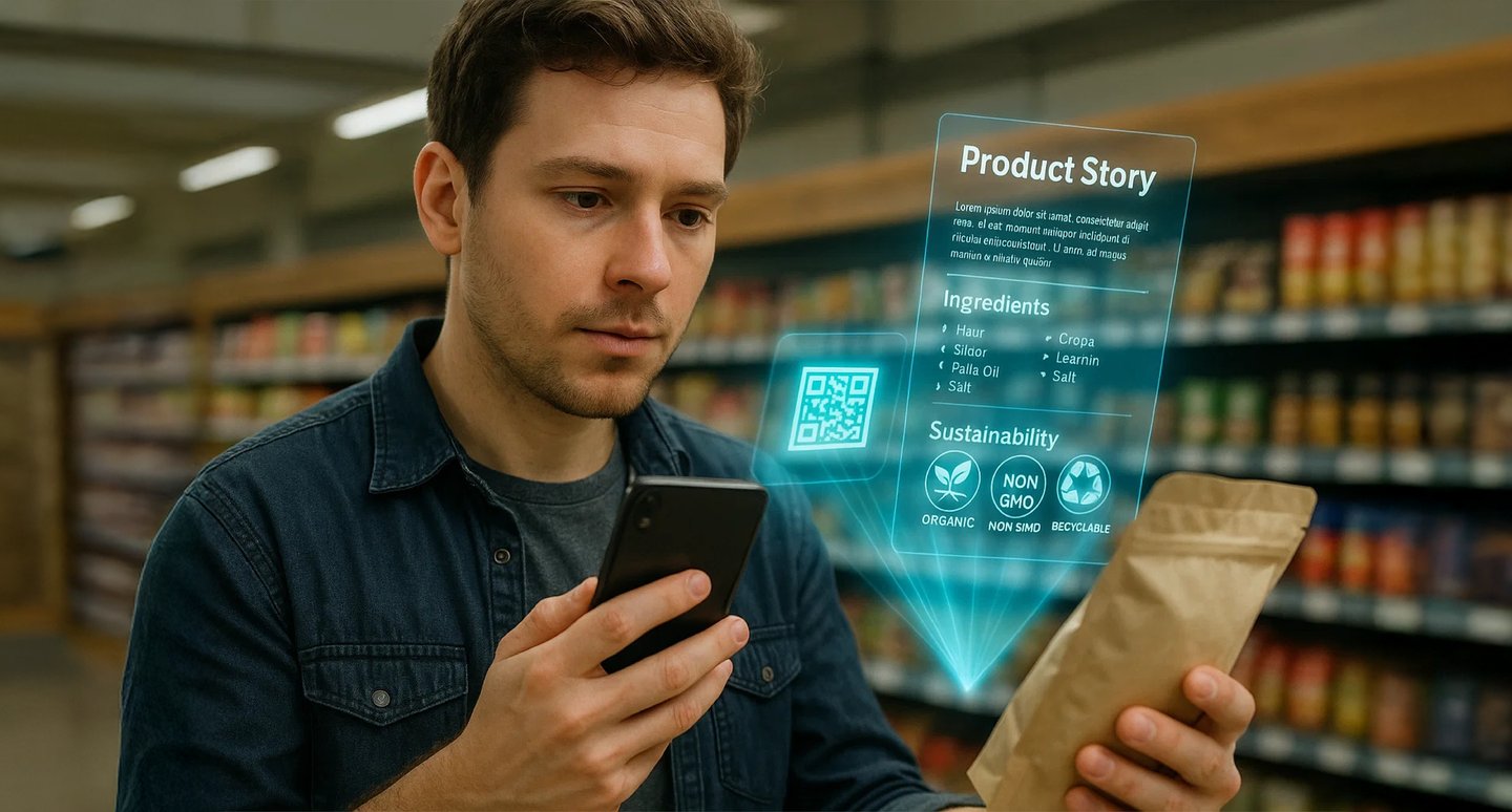 A shopper holds a coffee bag and phone while a Product Story panel of ingredients and sustainability details floats above it