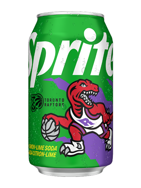The redesigned Sprite can with the Toronto Raptors raptor mascot and a purple claw slash at its base