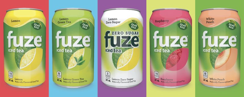 Five Fuze iced tea cans on bright colour panels: Lemon, Lemon Green Tea, Lemon Zero Sugar, Raspberry and White Peach