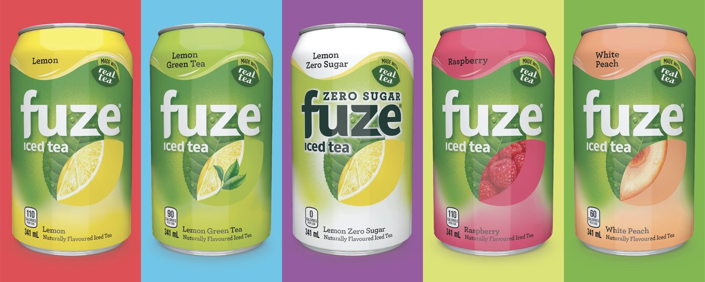 Five Fuze iced tea cans on bright colour panels: Lemon, Lemon Green Tea, Lemon Zero Sugar, Raspberry and White Peach
