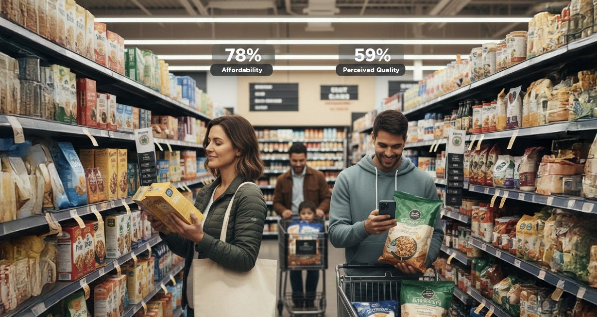 A couple shopping in a grocery aisle, with '78% affordability' and '59% perceived quality' statistics floating above the shelves