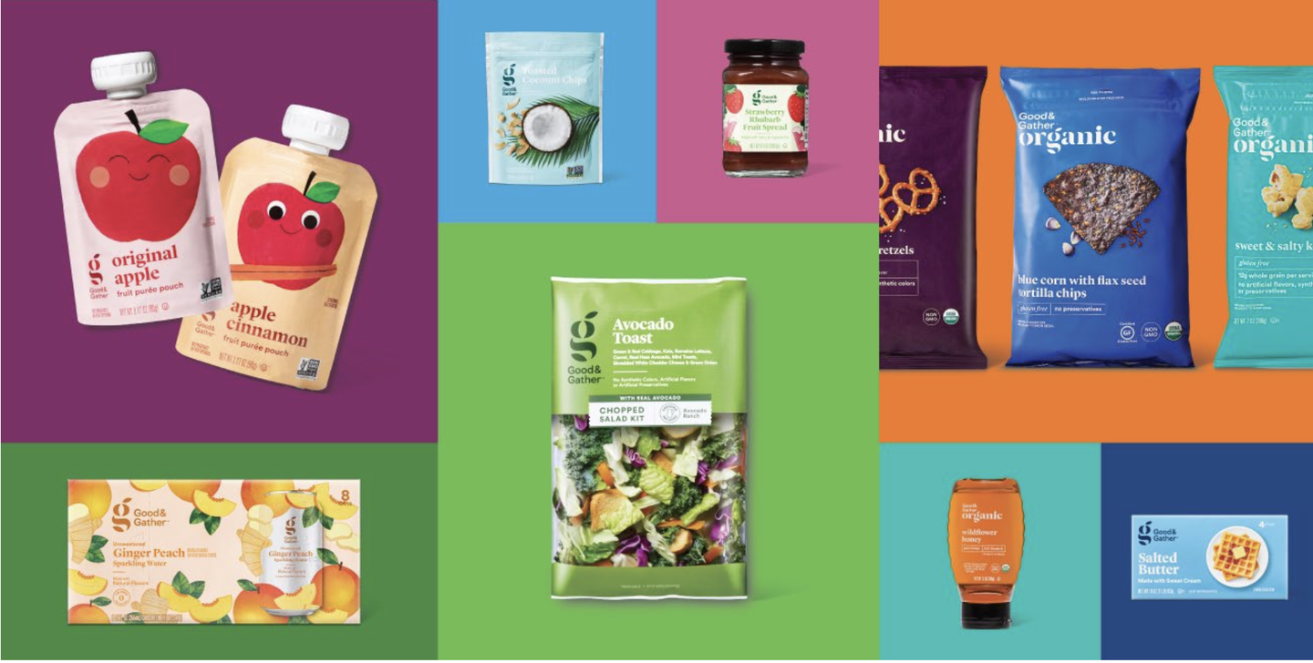 The Good & Gather product range on bright colour panels: apple sauce pouches, avocado toast salad kit, coconut chips, honey and more