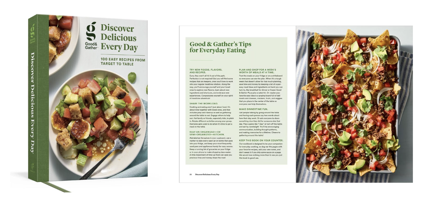 The Good & Gather cookbook 'Discover Delicious Every Day', open to tips for everyday eating and a tray of loaded nachos