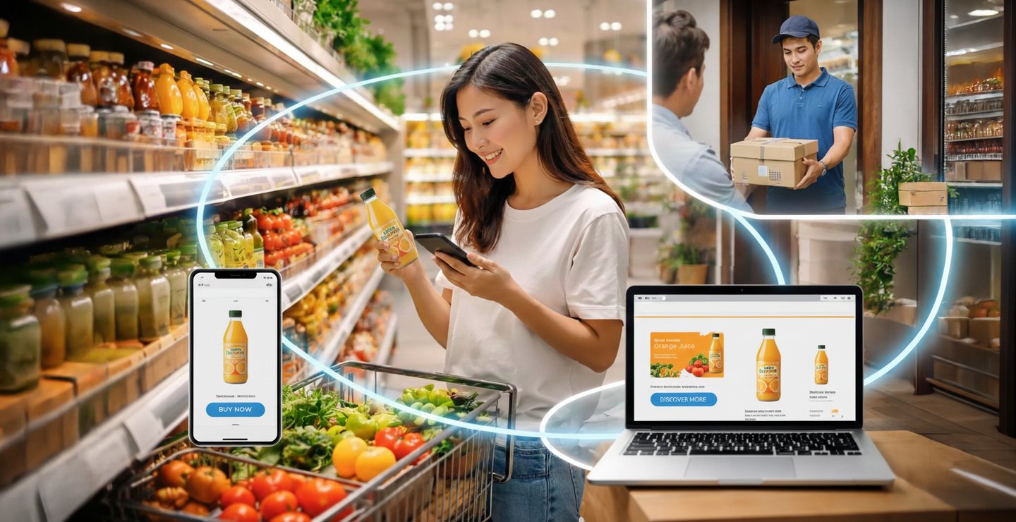 A phygital shopping journey: a woman in a produce aisle checks her phone, linked to an online store on a laptop and a courier handing over a box