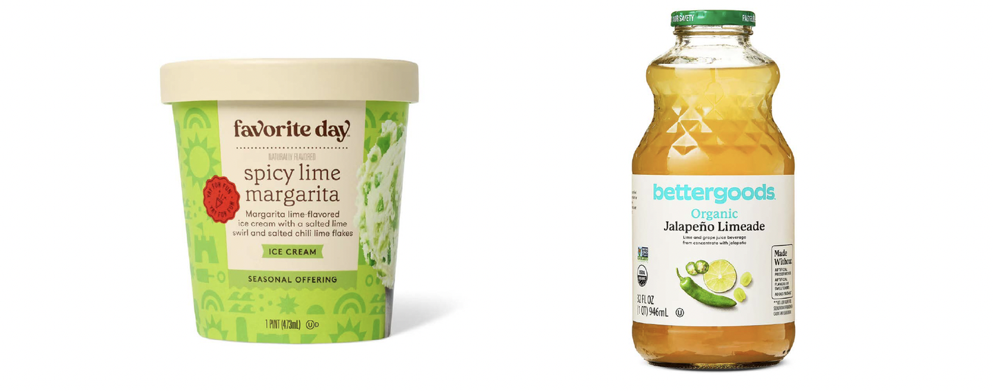 Target's Favorite Day spicy lime margarita ice cream and Walmart's bettergoods organic jalapeno limeade