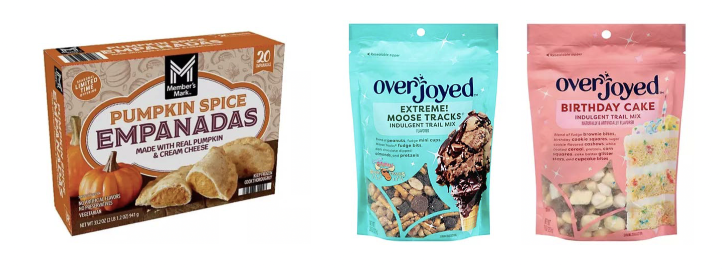 Trend-led private brand products: Market Pantry pumpkin spice empanadas and Overjoyed moose tracks and birthday cake trail mix
