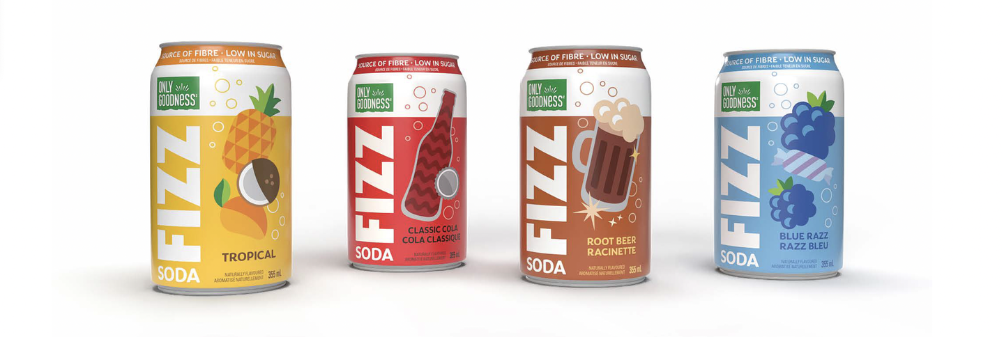 Four Only Goodness Fizz soda cans: tropical, classic cola, root beer and blue razz