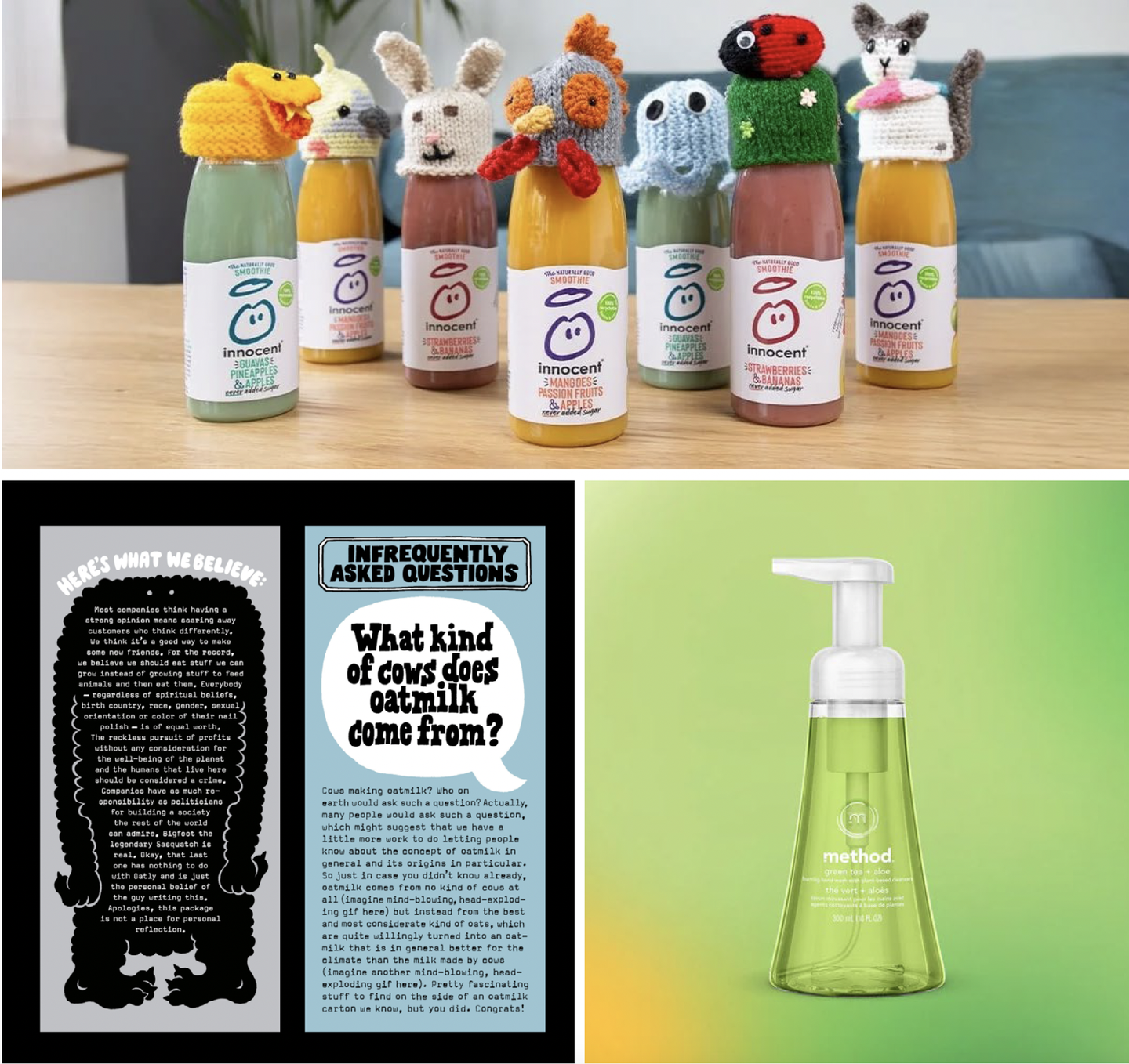 Innocent smoothie bottles wearing tiny knitted hats, with the brand's chatty carton copy and a Method foaming hand soap bottle