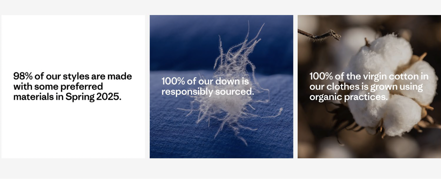Patagonia sustainability claims: 98% of styles made with preferred materials, 100% responsibly sourced down and 100% organic virgin cotton, with photos of down and a cotton boll