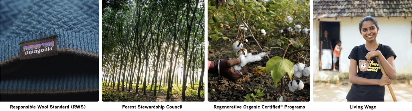 Patagonia's certifications in four photos: Responsible Wool Standard, Forest Stewardship Council, Regenerative Organic Certified and Living Wage