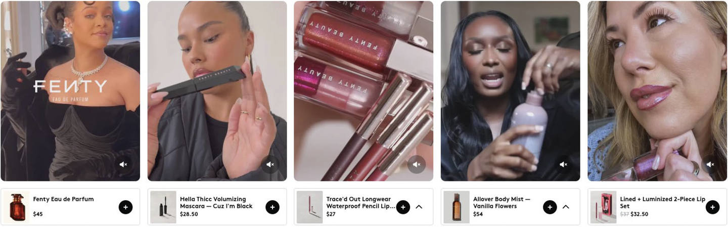 Five Fenty Beauty social videos of customers applying perfume, bronzer, lip liner, body mist and lip gloss