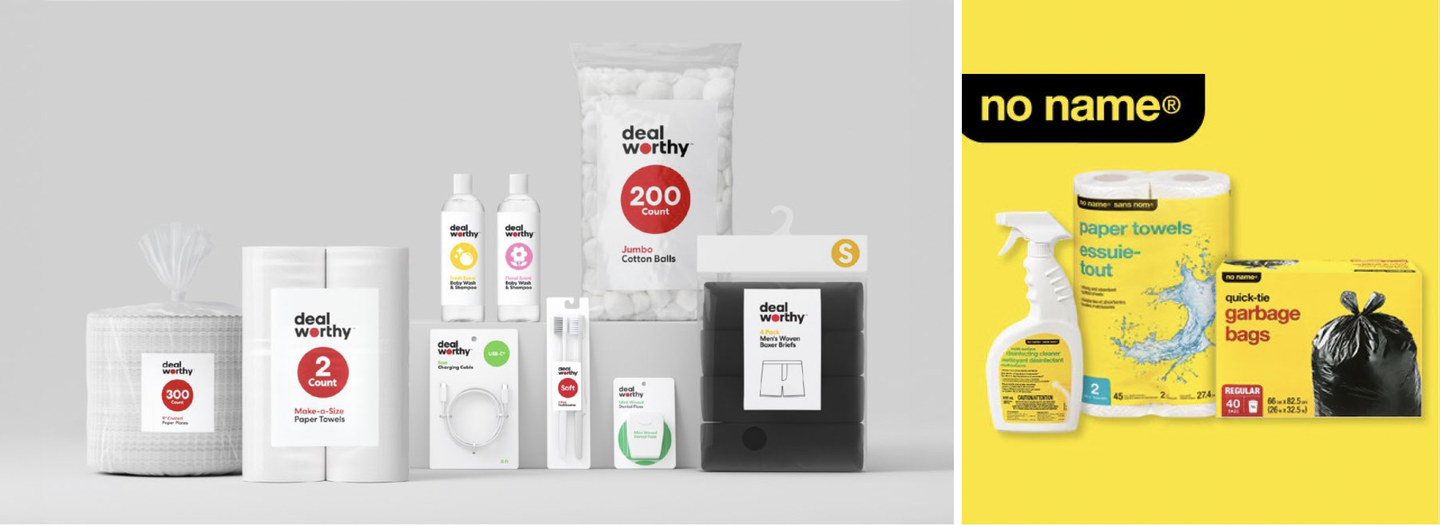 Deal Worthy's plain white value packaging beside No Name's yellow paper towels, garbage bags and spray cleaner