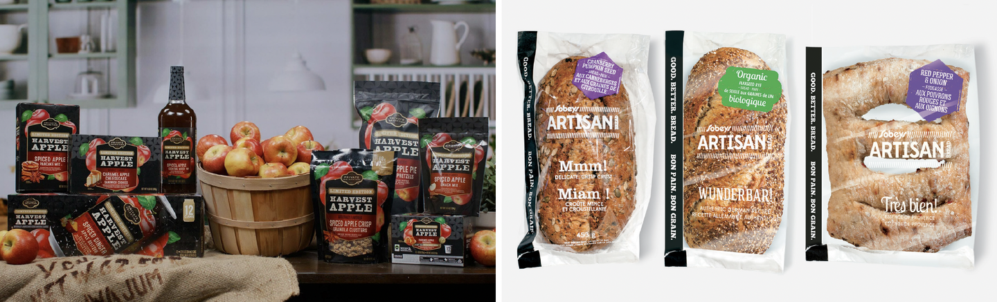 A limited-edition Harvest Apple range of pie, chips, pretzels and cider beside a basket of apples, and three Sobeys Artisan bread bags with 'Good. Better. Bread.' bands