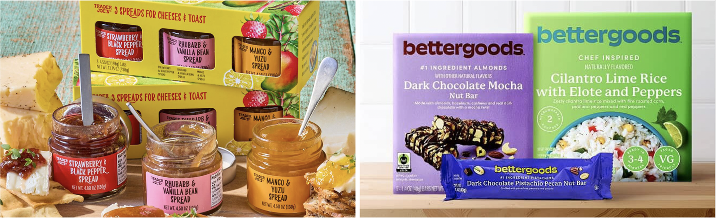 Trader Joe's spreads for cheese and toast beside Walmart's bettergoods dark chocolate mocha nut bars and cilantro lime rice