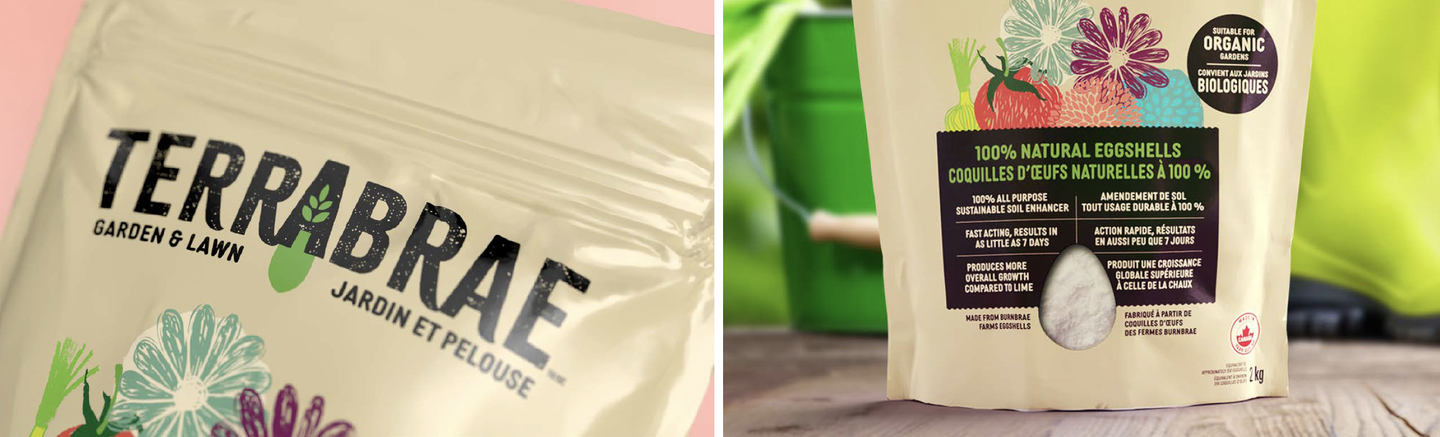Terrabrae garden & lawn bags with bilingual English and French labels, including 100% natural eggshells