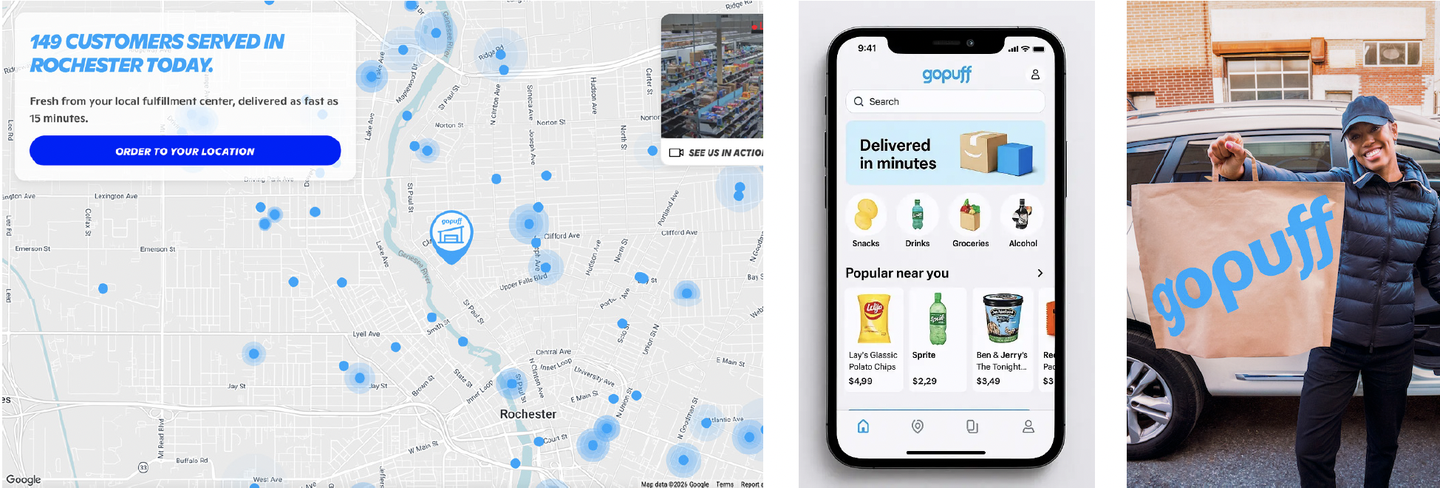 Gopuff: a delivery coverage map, the 'Delivered in minutes' app and a courier holding a Gopuff bag