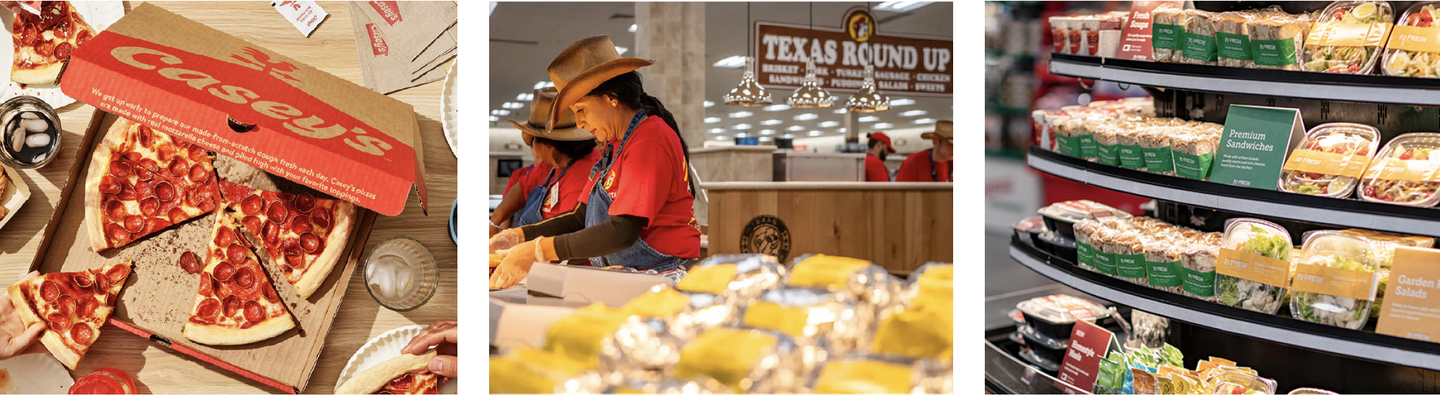 Casey's pizza in its box, a staff member at the Texas Round Up food counter and a hot food display case