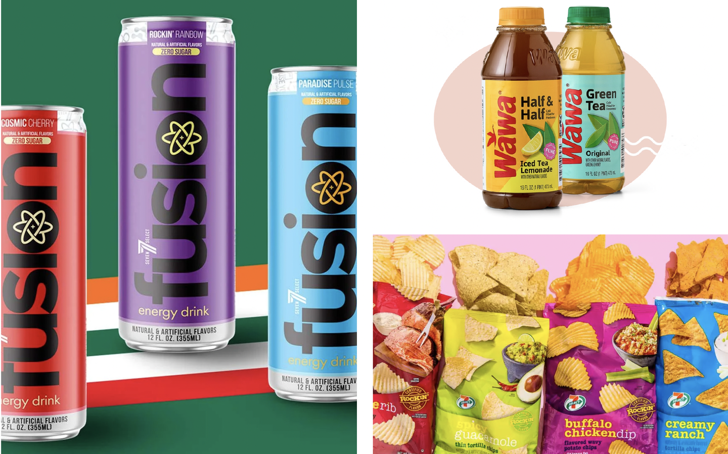 Convenience store private brands: Fusion energy drink cans, Wawa half & half and green tea bottles, and chip bags in buffalo chicken dip and creamy ranch flavours