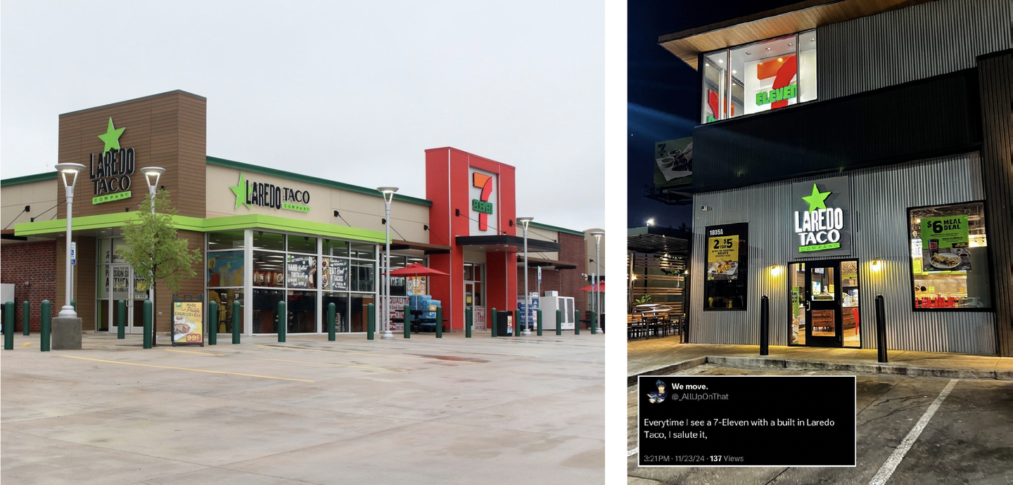 A Laredo Taco Company restaurant attached to a 7-Eleven, by day and lit at night
