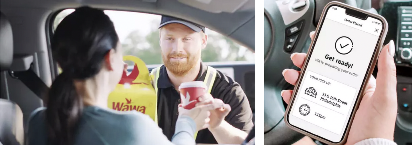 A Wawa employee hands a coffee to a driver at curbside pickup, beside a phone showing an 'Order placed, get ready' screen