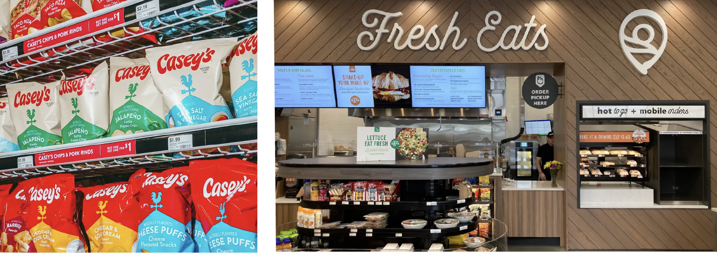 Casey's private brand chips on shelf, beside a Fresh Eats counter in a convenience store