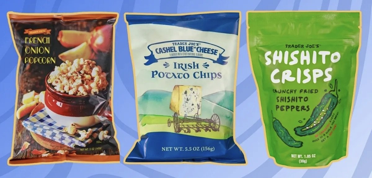 Trader Joe's snacks: french onion popcorn, Cashel blue cheese Irish potato chips and shishito crisps