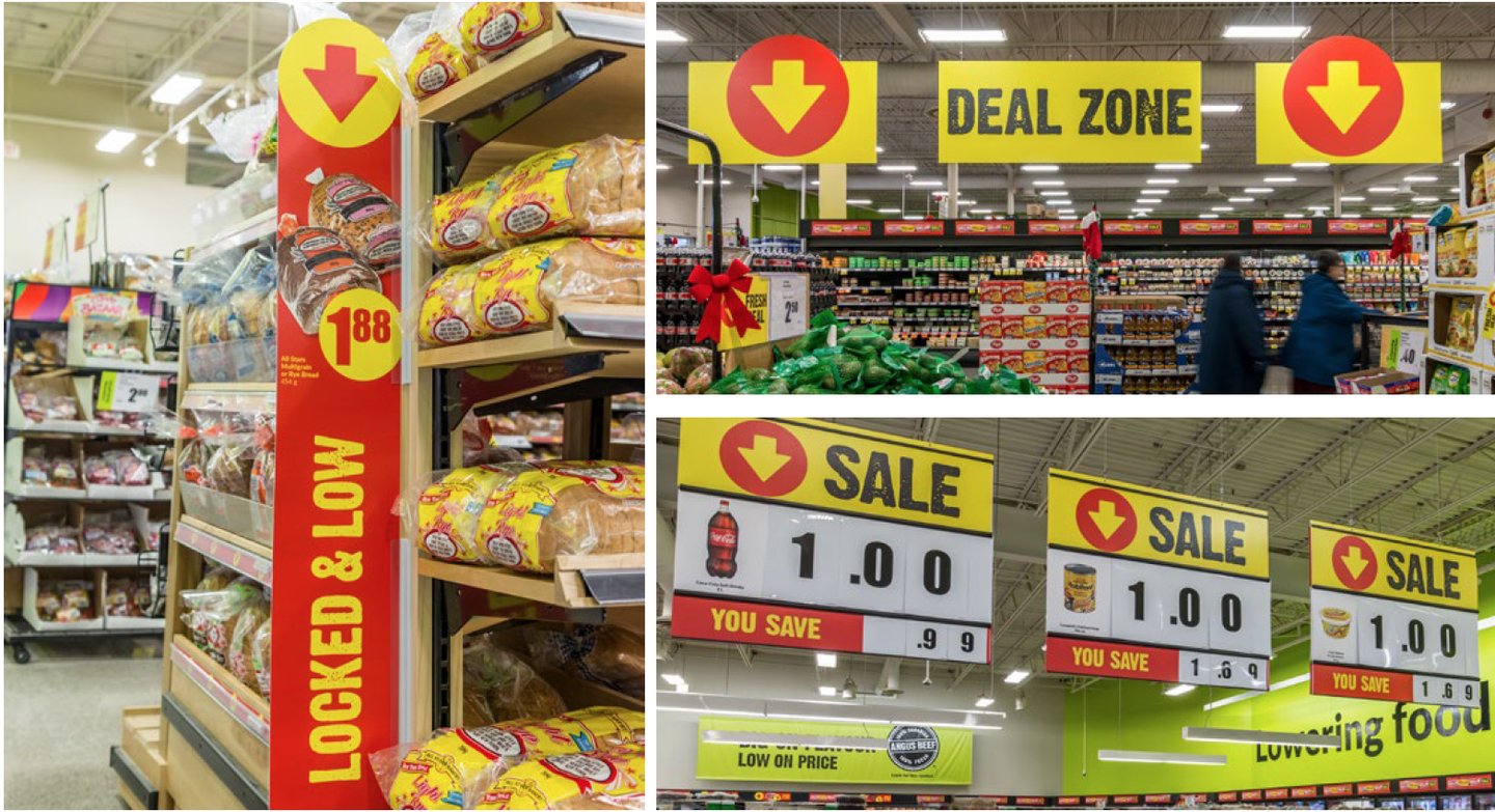 FreshCo in-store signage: a red 'Locked & Low' aisle blade, the yellow 'Deal Zone' arch sign and red-and-yellow 'Sale 1.00' price cards