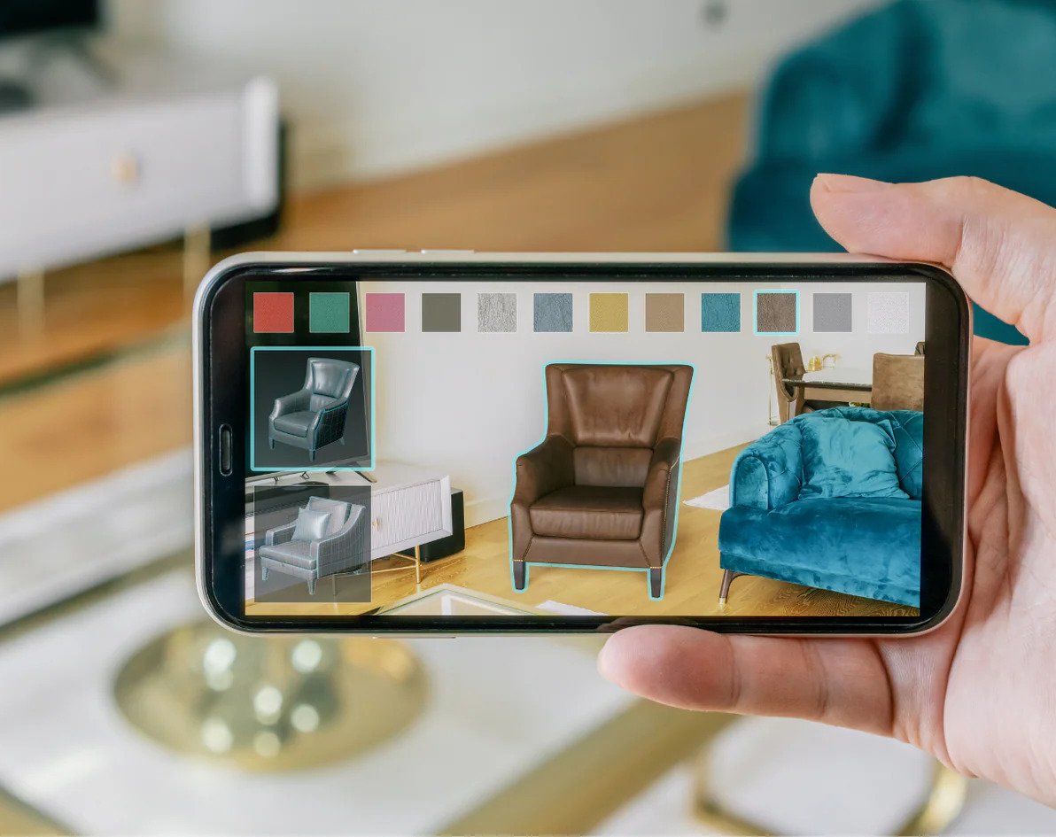 Augmented reality on a phone places virtual armchairs in a living room