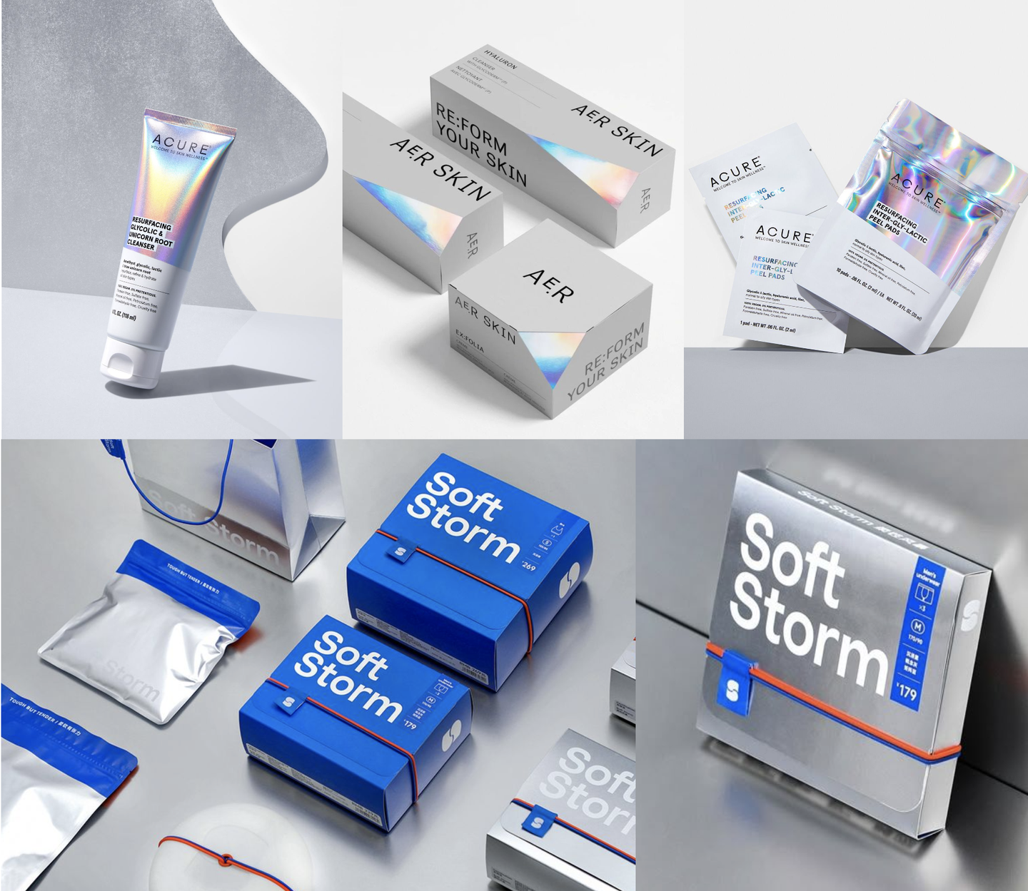 Silver packaging: Aer Skin's holographic foil boxes and Soft Storm's silver and blue cartons
