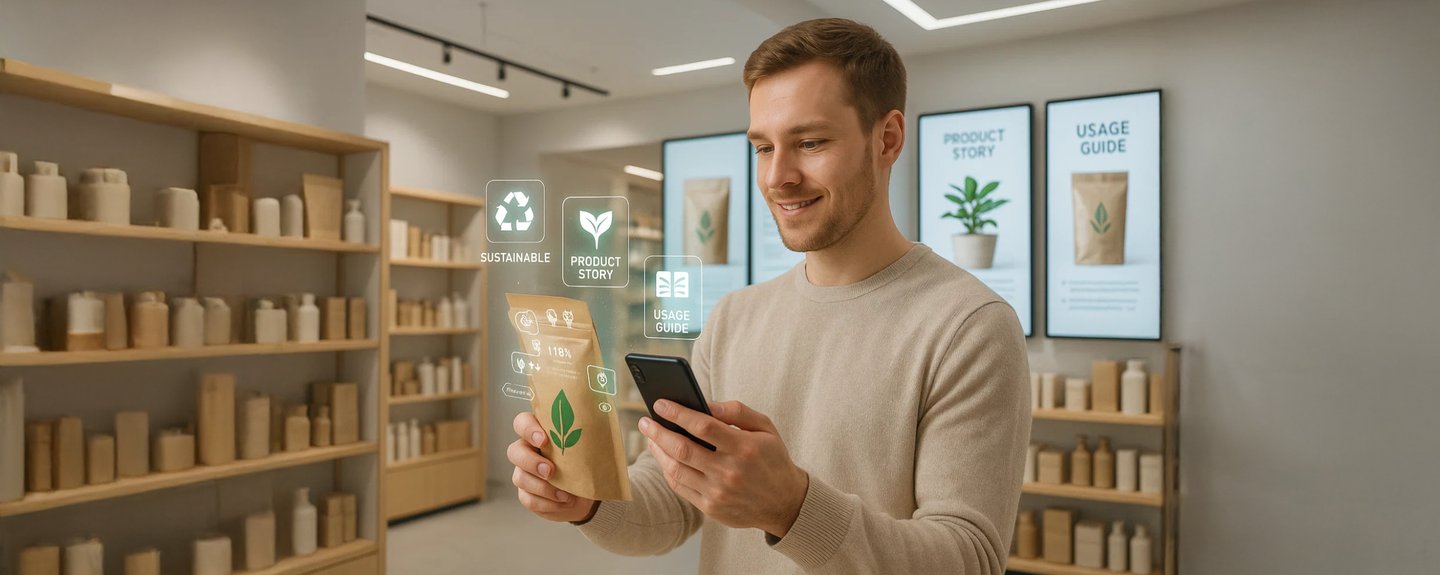 A man in a store scans a bag with his phone as product story, sustainability and usage icons float above it