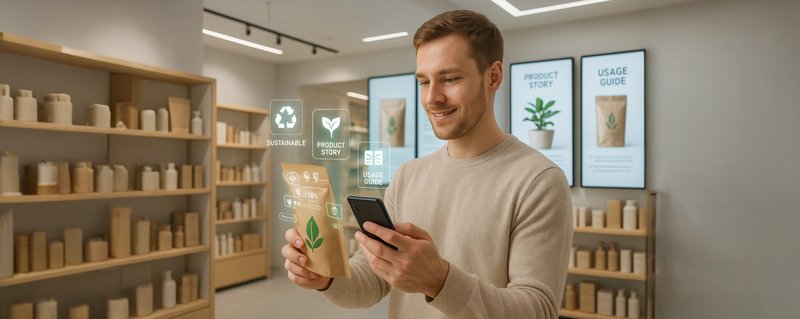 A man in a store scans a bag with his phone as product story, sustainability and usage icons float above it
