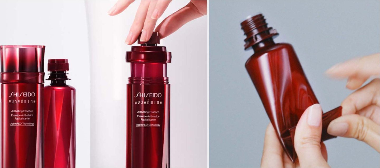 Shiseido's refillable red skincare bottles, with hands replacing a refill cartridge