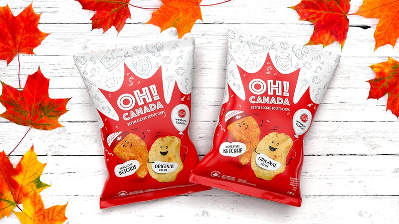 Two Oh! Canada kettle cooked chip bags on white boards with red maple leaves