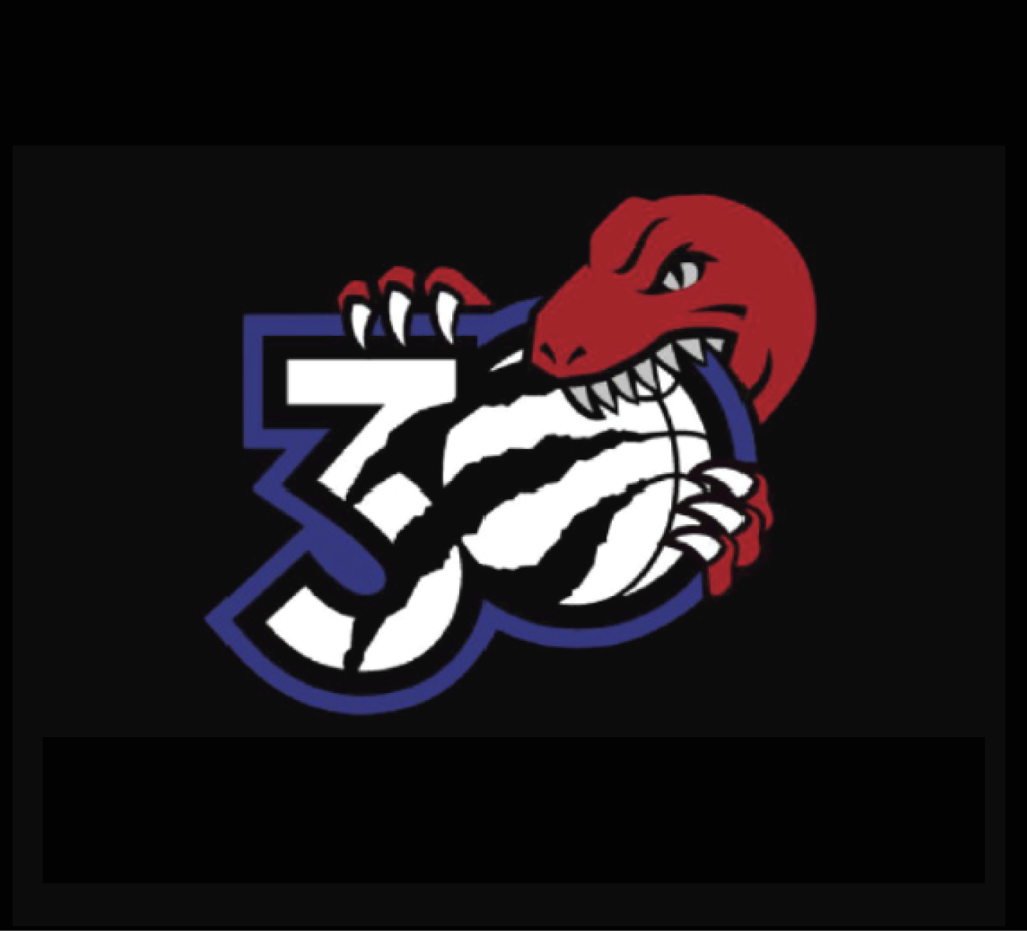 The Toronto Raptors 30th anniversary logo: the raptor's head biting a large 30, on black