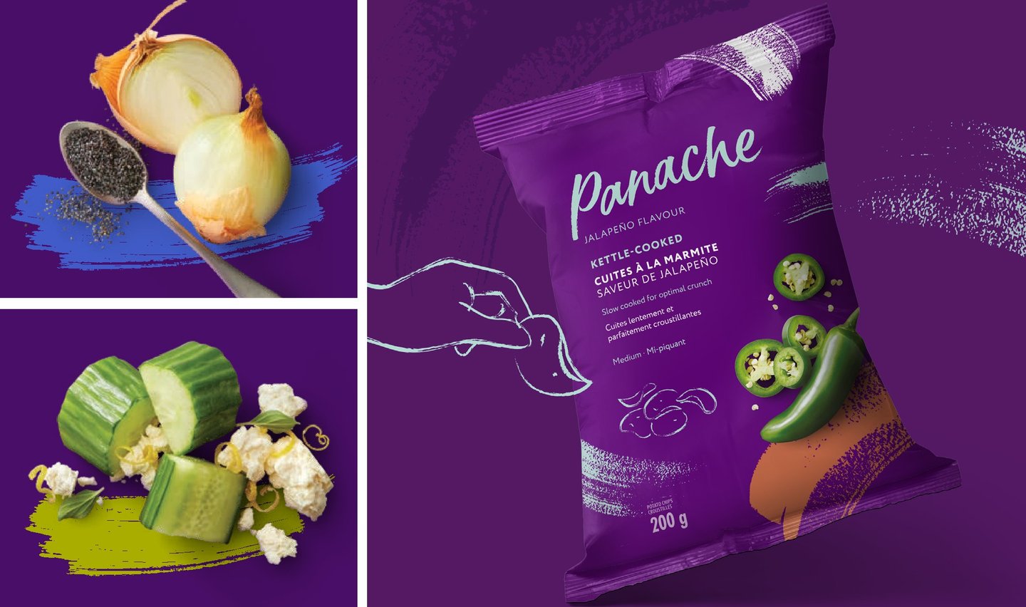 A bag of Panache jalapeno kettle cooked chips with a sketched hand reaching in, beside photos of an onion with poppy seeds and cucumber with popcorn on painted brushstrokes