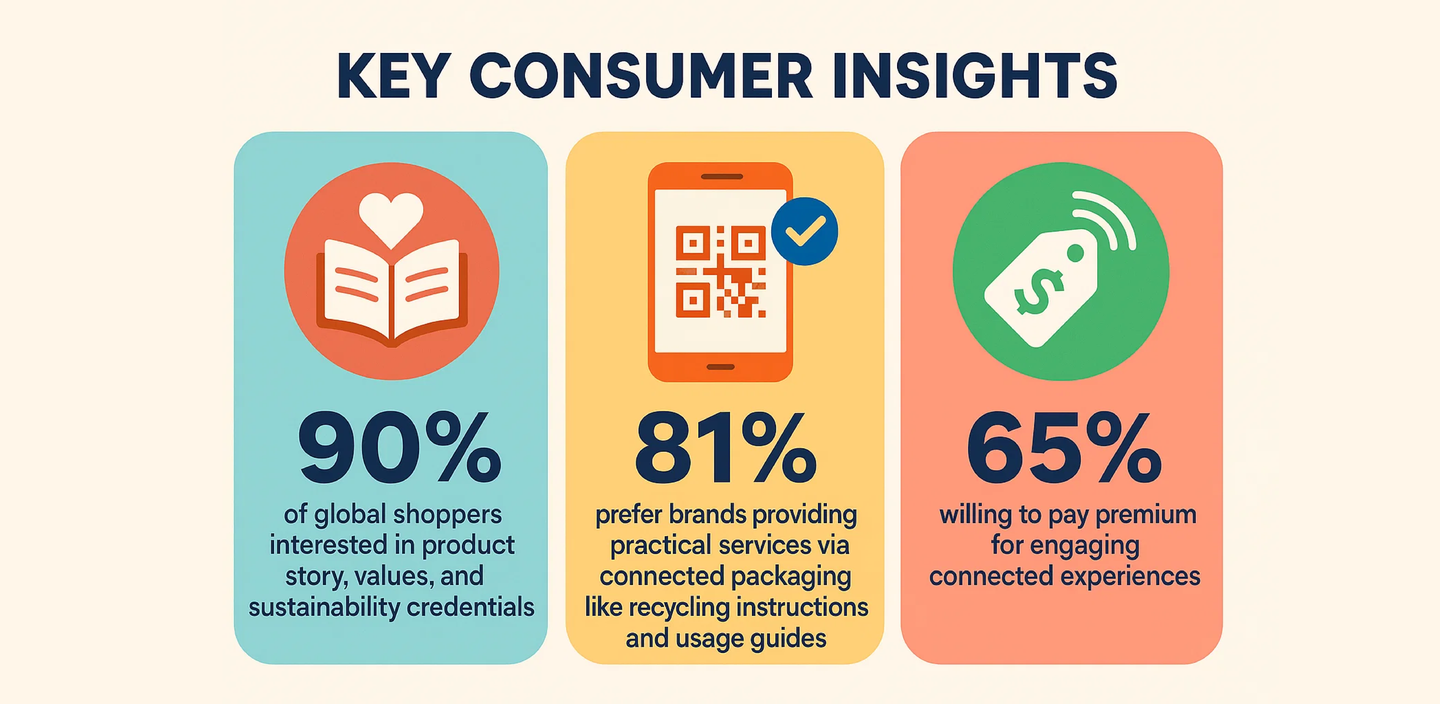 Key consumer insights: 90% of global shoppers want the product story, values and sustainability credentials; 81% prefer brands offering practical services via connected packaging; 65% will pay a premium for engaging connected experiences