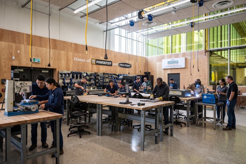 The Shop at Princess Auto: people at workbenches under 'Home of Powerfist' and 'Pro-Point' signs