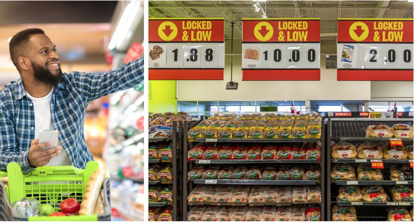 A shopper pushing a lime green cart past a produce display, beside shelves of bread under red 'Locked & Low' price signs