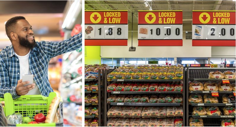 A shopper pushing a lime green cart past a produce display, beside shelves of bread under red 'Locked & Low' price signs