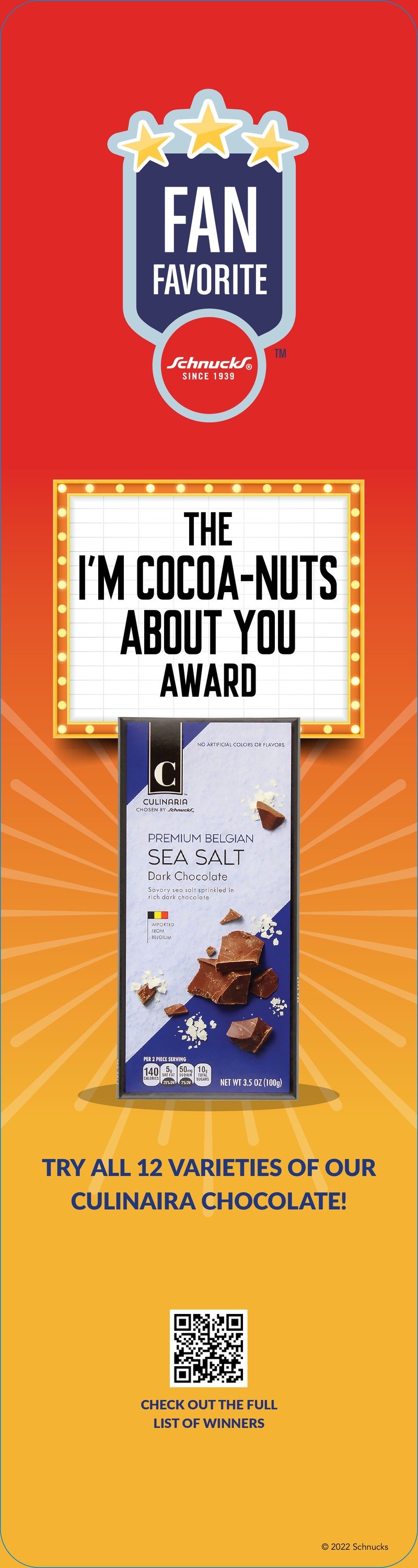 A Schnucks Fan Favorite blade sign: 'The I'm Cocoa-Nuts About You Award' for a Culinaria sea salt chocolate bar