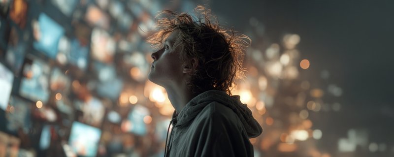 A child looks up at a wall of glowing screens and lights, lost in the glare