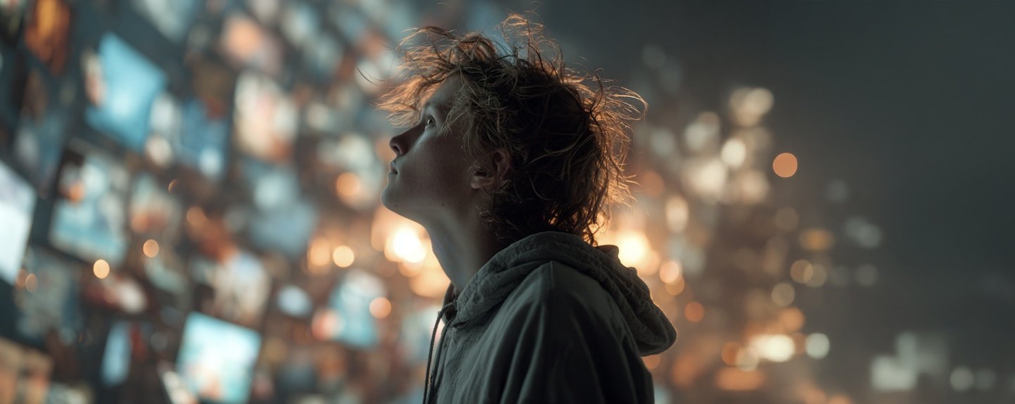 A child looks up at a wall of glowing screens and lights, lost in the glare