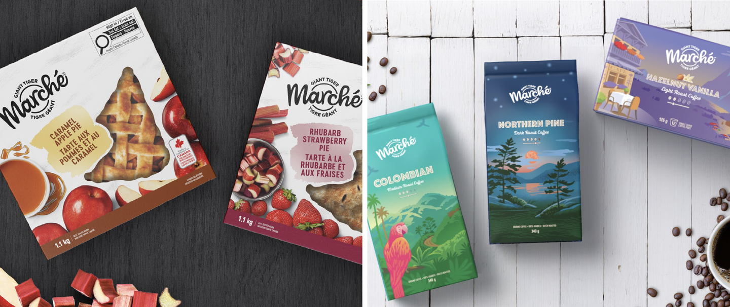 Marche private brand packs on white boards: apple pie, rhubarb strawberry pie, Colombian and Northern Pine coffee, and hazelnut vanilla crackers