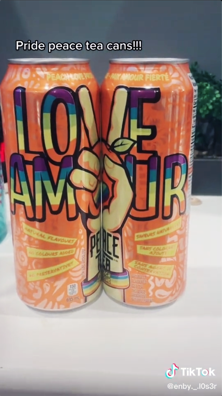 A TikTok screenshot of two Peace Tea cans spelling 'Love Amour', captioned 'Pride peace tea cans'